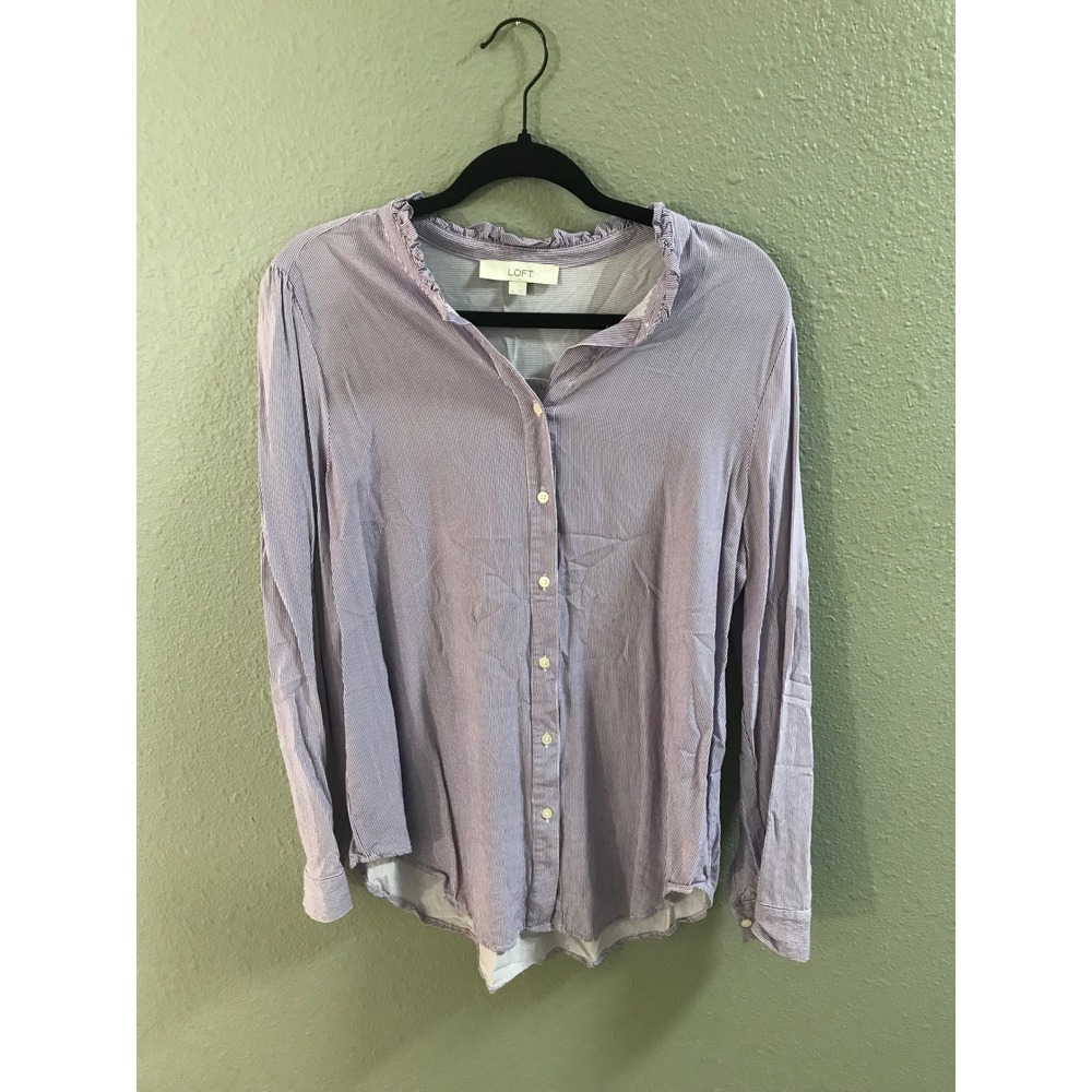 LOFT Womens Purple Stripe Ruffle Collar Button Down Viscose Shirt Large L